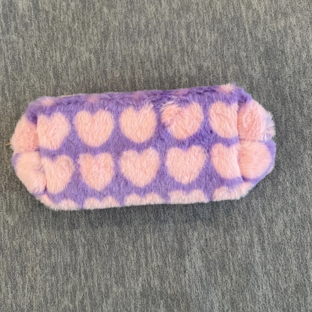 Truly Beauty Makeup Bag Fuzzy Heart Cosmetics Pouch Pink Purple Travel Small NEW